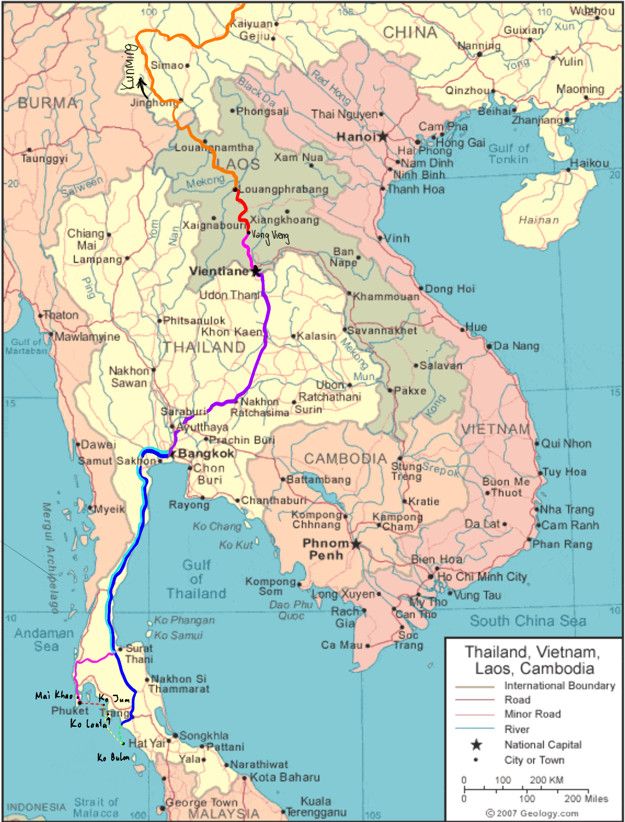 Reiseroute Laos und Thailand